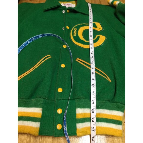 Vintage Hutchers Mens Letterman Jacket Sz M Green Yellow Wool Blend Band C Patch - Picture 9 of 13